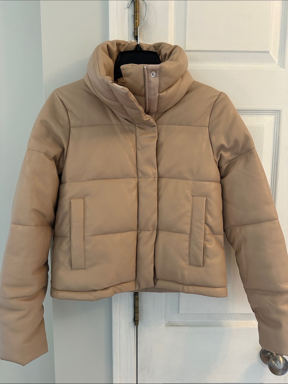 A&F Mini Puffer Jacket in Vegan Leather - Beige/Tan Color, women’s size XS
